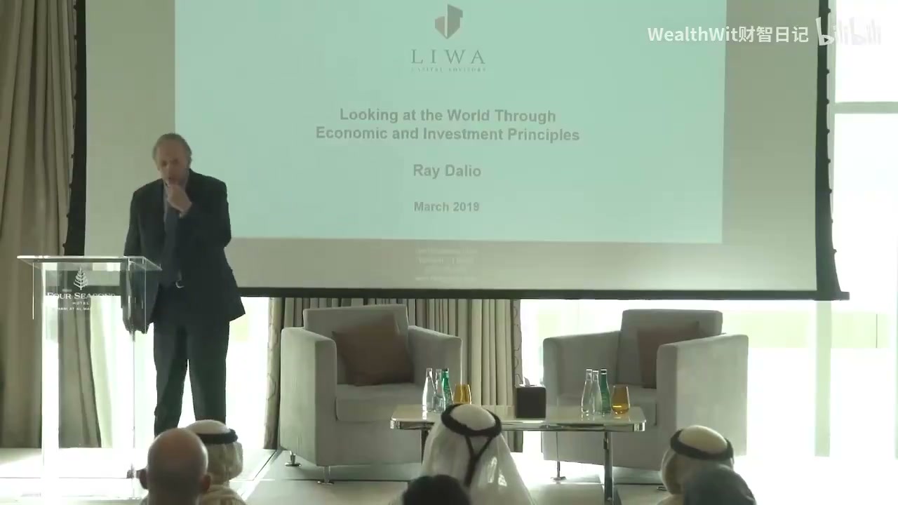 演讲首页幻灯片：LIWA Capital Advisors logo，标题 Looking at the World Through Economic and Investment Principles，Ray Dalio，March 2019