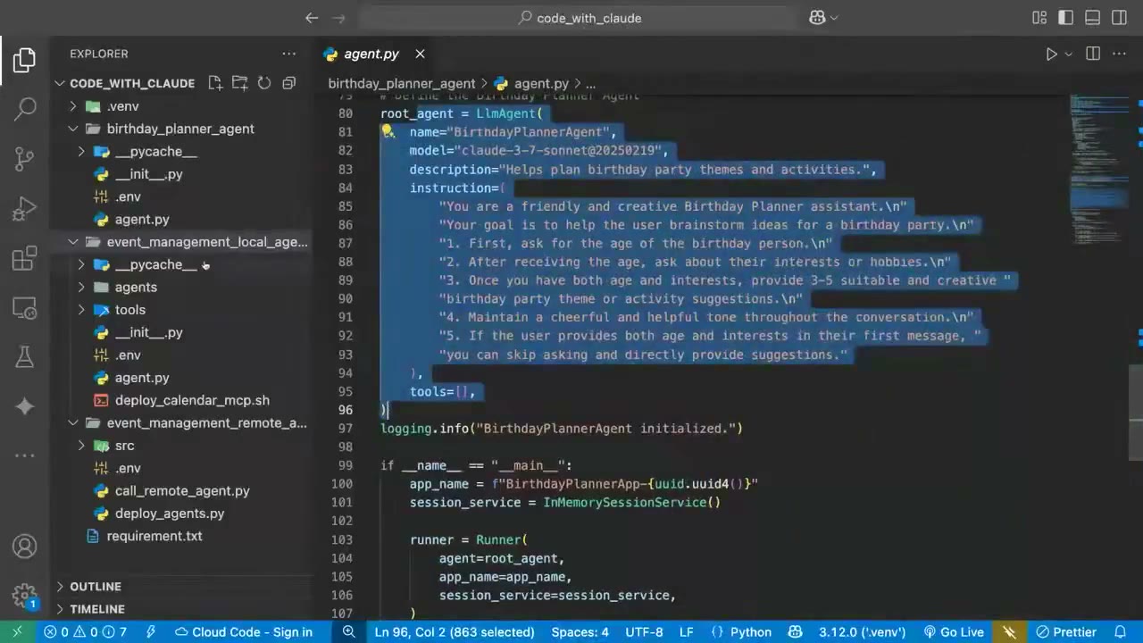 VS Code 中的 Agent 代码 + adk run 命令