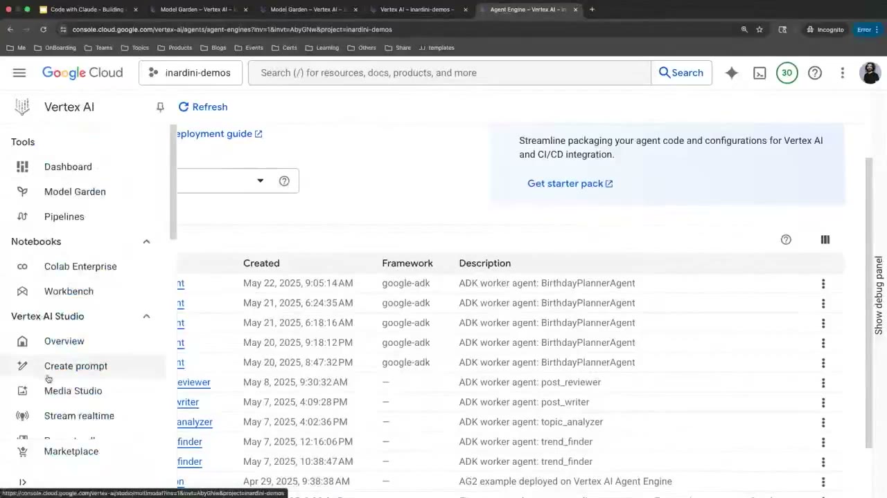 Vertex AI 控制台 Agent Engine 列表